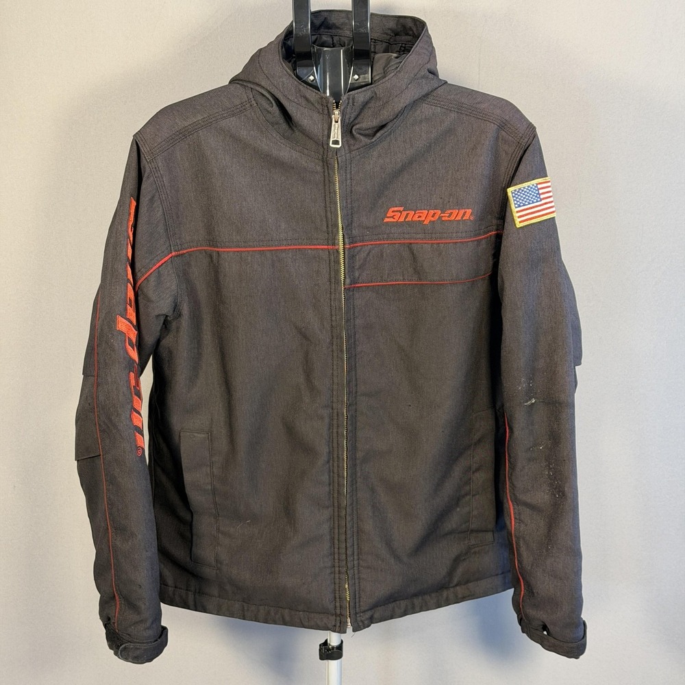 Snap-on Jacket Mens Medium Gray Hooded Full Zip USA Flag Windbreaker Workwear